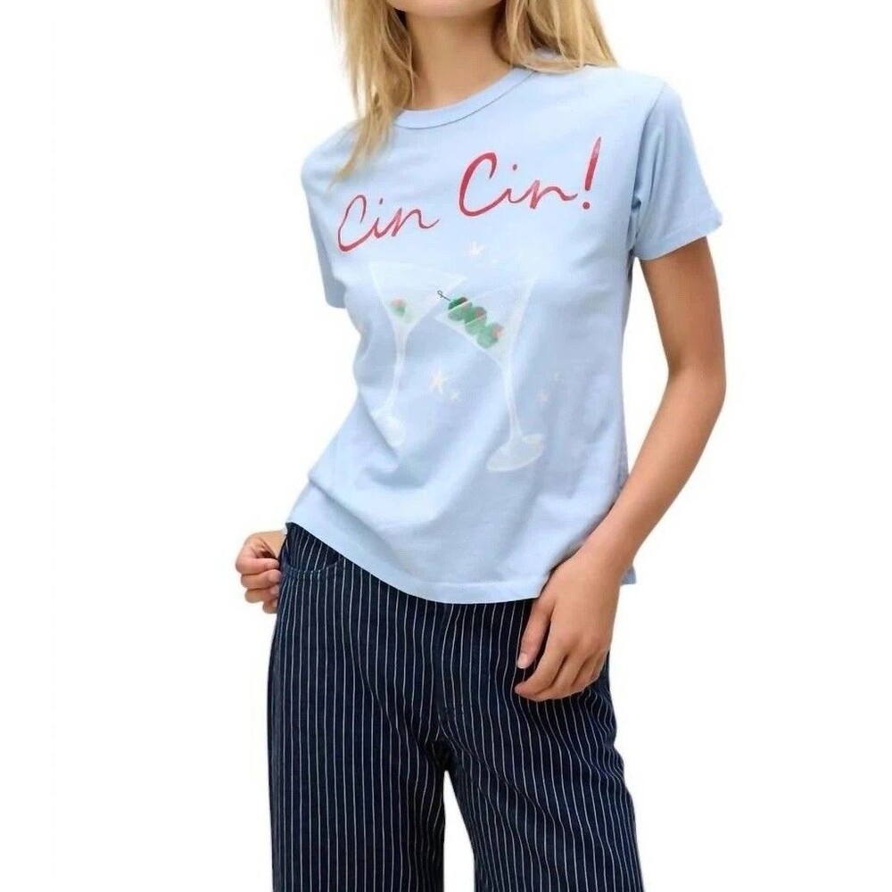 Daydreamer Cin Cin Martini Cocktail Graphic T Shirt Light Blue Women's L NWT